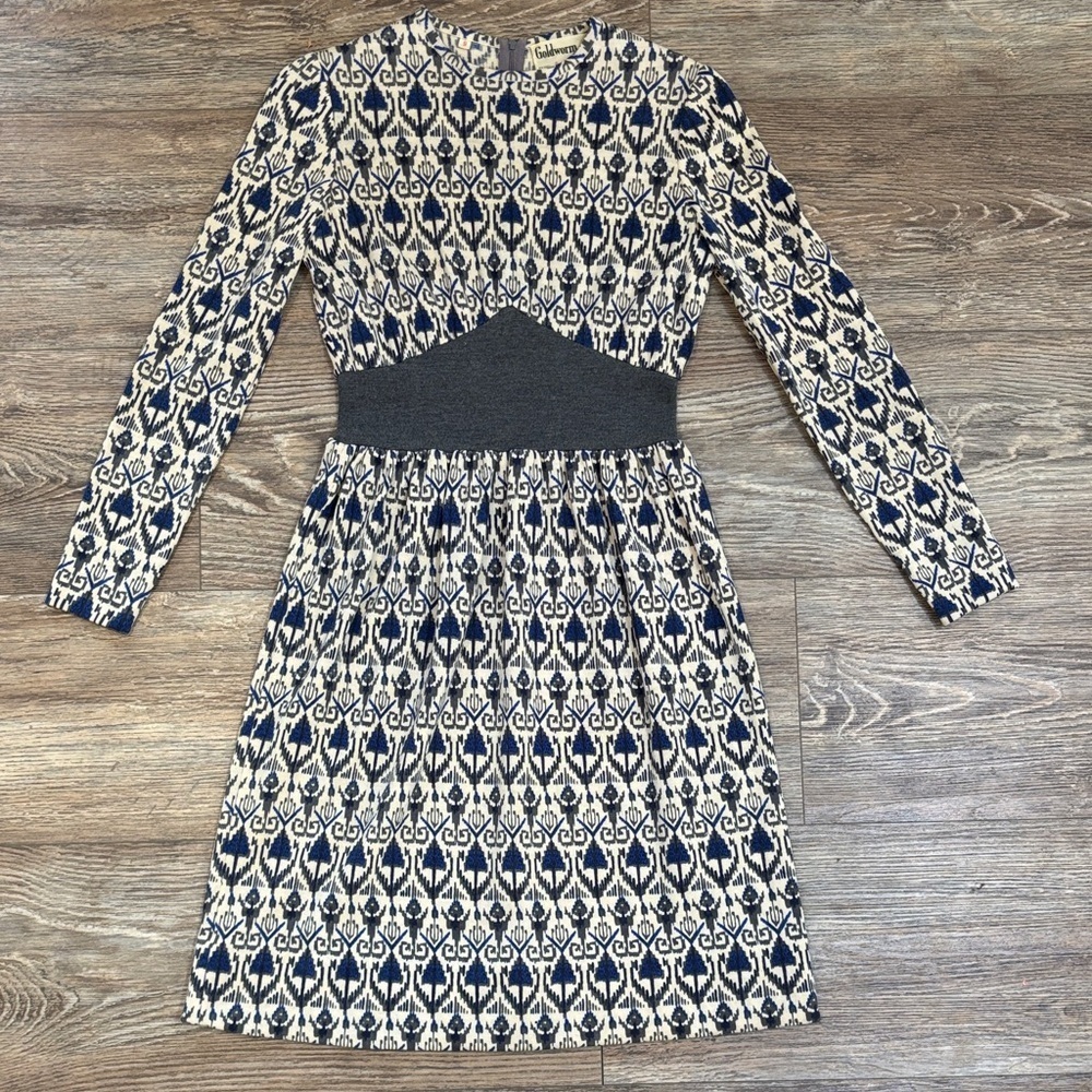 Vintage Goldworm Virgin Merino Wool Blue and Cream Patterned Dress Made In Italy